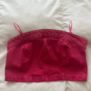 Zara Pink Denim Strapless Crop Top with zipper